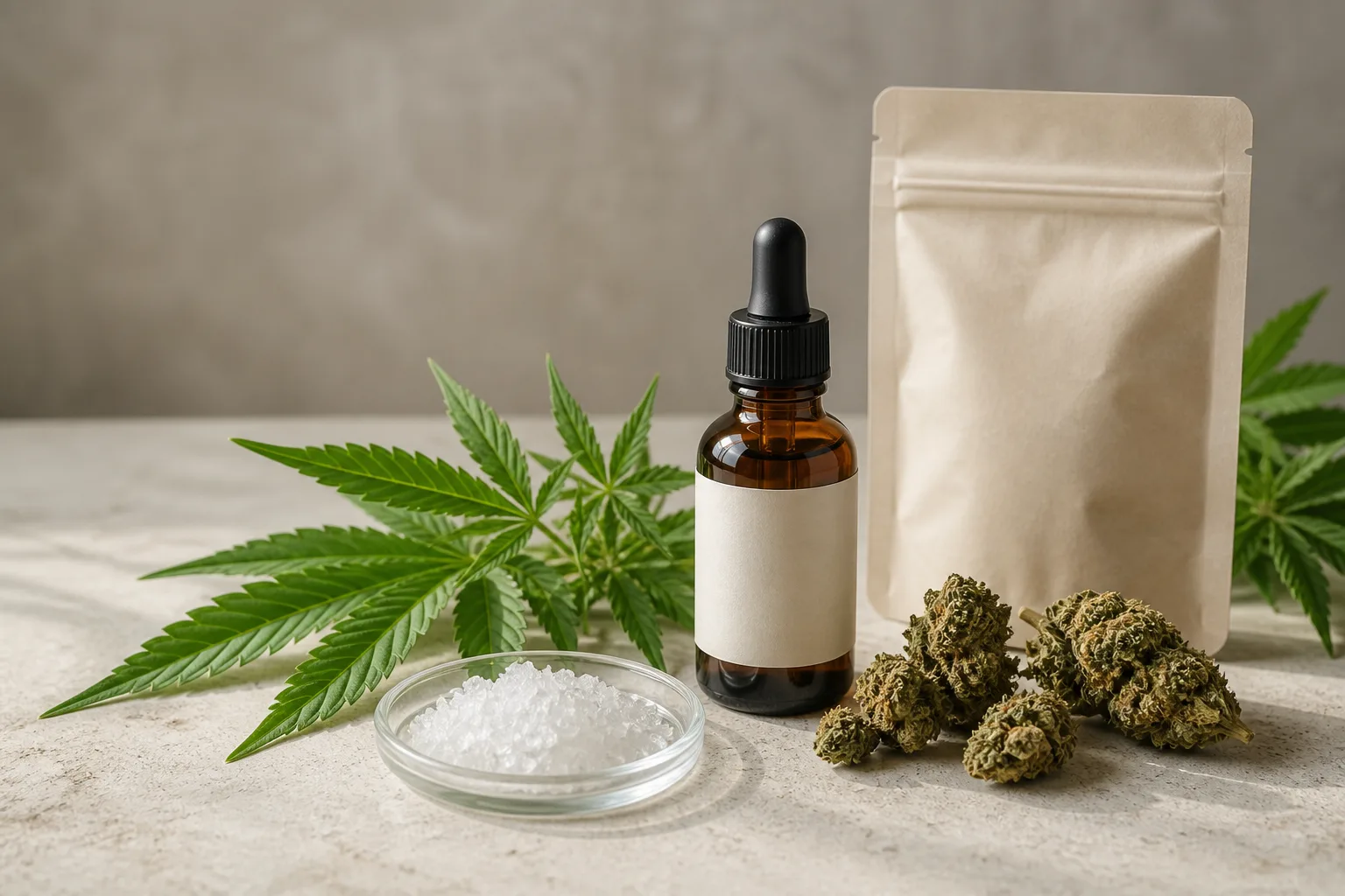 Unbranded CBD oil, crystals, hemp flowers and a plain pouch arranged on a neutral tabletop.