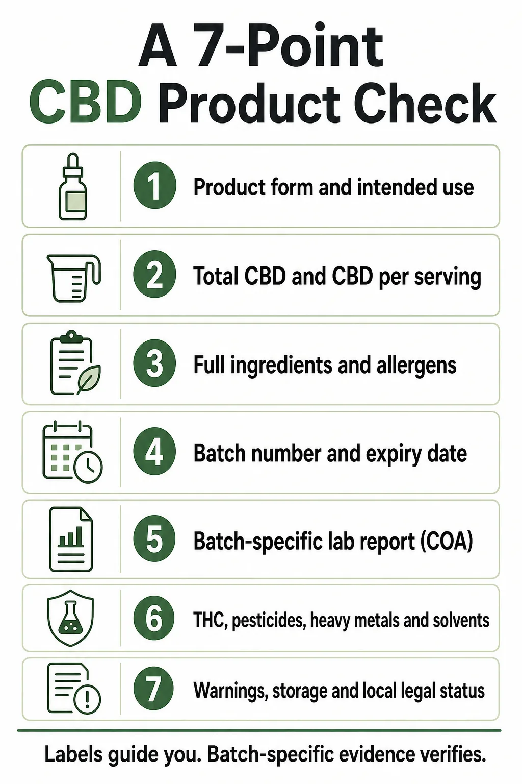 Infographic listing product form, CBD amount, ingredients, batch and expiry, batch-specific lab report, contaminant testing, and warnings plus local legal status.