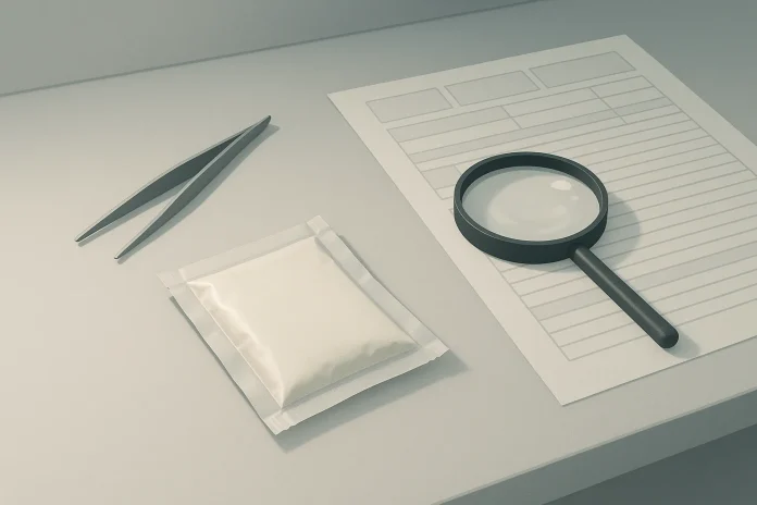 Sealed research chemical package on a lab desk representing buying 1cP-LSD in Europe