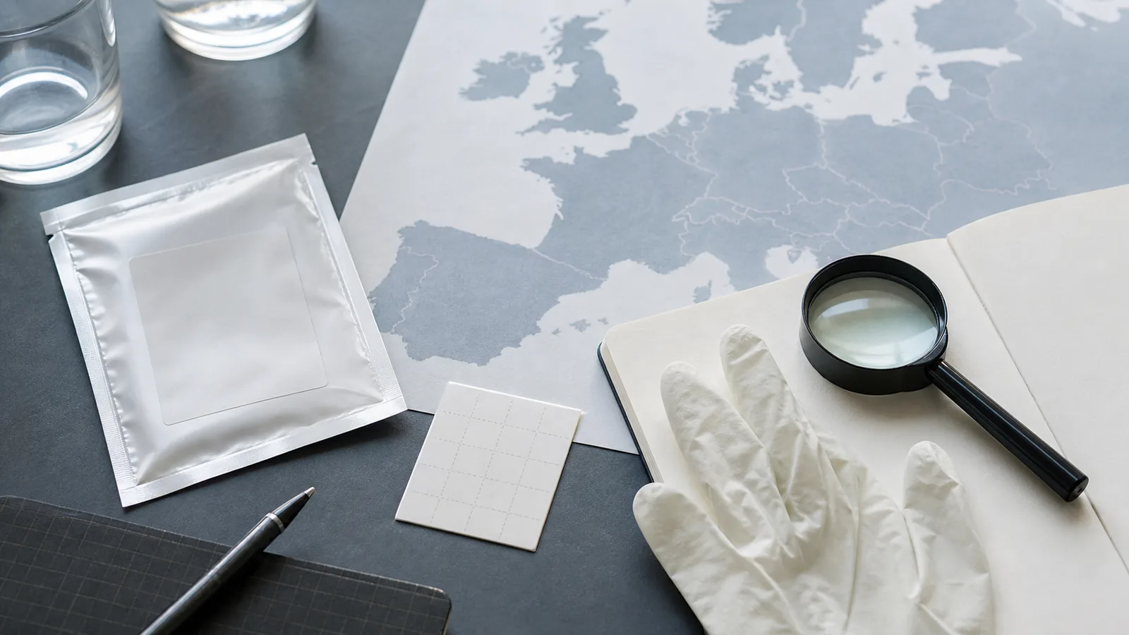 A research desk with sealed sample packaging, a map of Europe, a notebook, gloves and a magnifying glass.