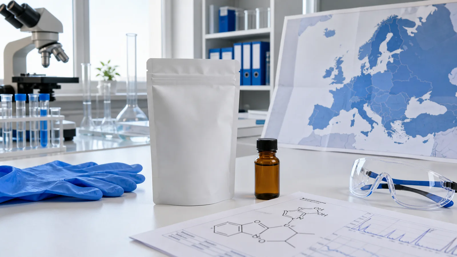 Sealed research sample packaging, laboratory equipment, safety gloves, goggles, and a map of Europe.